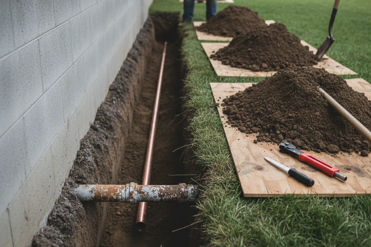 Excavated water line trench during Water Heater Repair in Unionville
